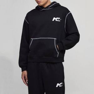 Black Contrast Stitch Winter Print 100% Cotton Custom Men Two Piece Hoodie Sweatpants <b>Tracksuit</b> - Product Image 3