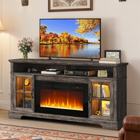 Meuble TV personnalisable avec porte coulissante style grange, centre de divertissement mural avec lumière LED 3D et insert de cheminée électrique flottante