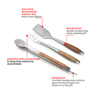 Ensemble de 3 ustensiles de cuisine : pinces à aliments, fourchette et spatule ajourée, pour barbecue extérieur et camping, avec manche en bois