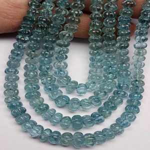 พลอยอะความารีนสีน้ำเงินเข้มธรรมชาติ รูปฟักทองและเมลอน ขนาด 4-7 มม. เม็ดพลอยแกะสลักลายพิเศษสำหรับทำเครื่องประดับ - Product Image 1