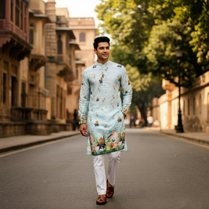 Conjunto de Kurta y Pijama Estampado para Hombre, Rayón, Estilo Étnico, para Fiestas, Largo hasta la Rodilla, Traje Tradicional - Product Image 3