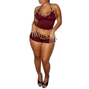 Sexy Lacing Short <b>Tops</b> Shorts Leopard Splicing Milk Silk Women's 2 Piece Set Fashion - Product Image 6