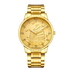 Montre automatique de luxe pour hommes, cadran en or avec bateau à voile en relief, en acier inoxydable, étanche, montre-bracelet décontractée et élégante - Product Image 1