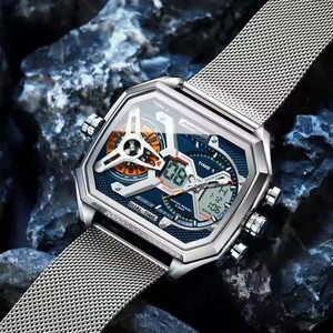 POEDAGAR Montre de sport à quartz de luxe pour hommes 47mm Semaine Affichage LED Étanche en <span class=keywords><strong>acier</strong></span> inoxydable Maille Horloge électronique pour hommes E106 - Product Image 2