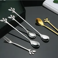 Nouvelles cuillères à mélanger en acier inoxydable, forme de feuille, dorées et argentées, cuillère à café, couverts, cuillère à dessert à long manche, fourchette