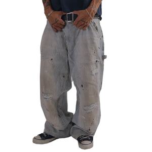 Jeans Homme Personnalisés à Rayures Fines Style Urbain, Coupe Large, Double Genou, Denim Oversize, Rayures Bleues et Blanches, Jean Baggy pour Homme - Product Image 1