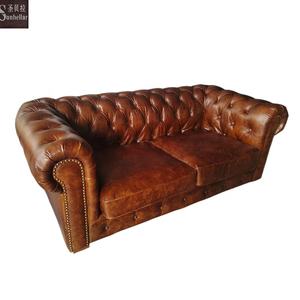 أريكة مخصصة عتيقة من الجلد الطبيعي العتيق lovesaat فندق الثور جلد دم أحمر تشيسترفيلد أريكة بمقعدين - Product Image 4