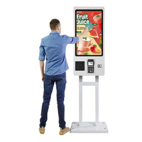 Kiosco de autoservicio para restaurantes con pantalla de 21.5, 23.8, 27 y 32 pulgadas, con soporte de pie, sistema Android/Windows, impresora, escáner y NFC.