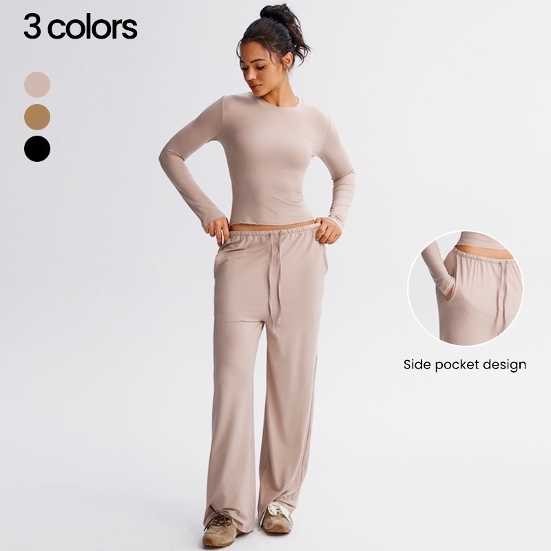 Matte Yoga Set, Round Neck Long Sleeved Sports and Leisure, Hanging Loose, Running, Fitness, Wide Leg Pants, Two-piece Set