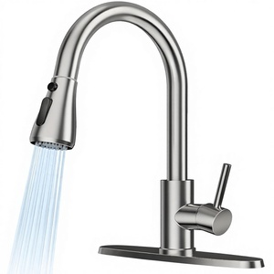 Robinetterie <span class=keywords><strong>de</strong></span> cuisine Kinglions avec douchette extractible, <span class=keywords><strong>robinet</strong></span> monocommande en acier inoxydable à arc haute, 1 ou 3 trous, finition nickel brossé - Product Image 1