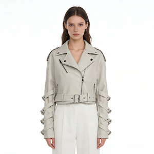 Chaqueta de Cuero Corta <span class=keywords><strong>Beige</strong></span> para <span class=keywords><strong>Mujer</strong></span>, Estilo Motero, con Mangas de Correa, Colores Personalizables Disponibles - Product Image 1