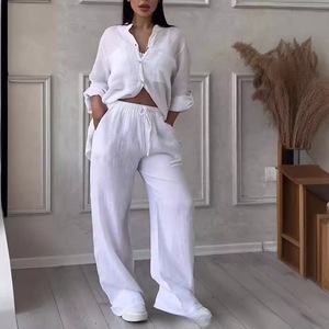 Bộ quần áo Enyami chất liệu cotton linen, màu trơn, kiểu dáng rộng rãi, gồm áo sơ mi cổ V dây rút tay dài và quần ống rộng, size S-5XL - Product Image 1