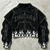 Veste en jean courte noire délavée avec strass et perles, fermeture éclair, style streetwear, imprimé lettres et flammes appliquées