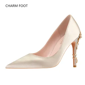 European and American style light luxury sexy fashion metal flower thin heel high heel pointed silk and satin single shoes