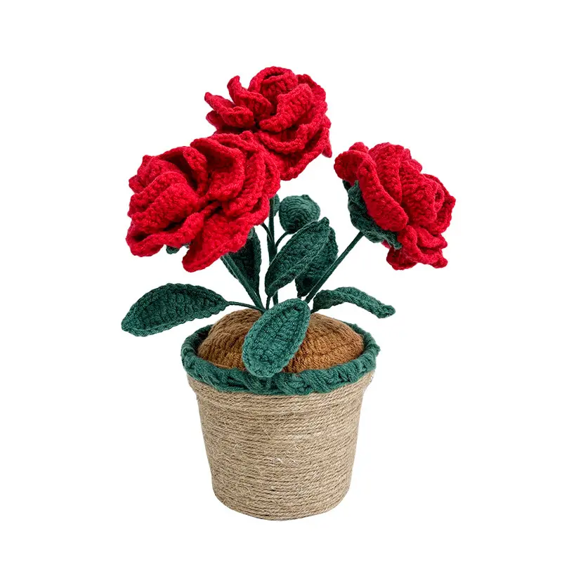 Handmade crochet knit pattern rose ornament gift realistic potted flower