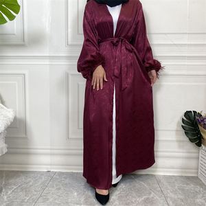 1950 # Pena Cuff Print Cetim Oriente Médio Robe Abaya Mulheres Muçulmanas Bolsos <span class=keywords><strong>Cardigan</strong></span> - Product Image 5