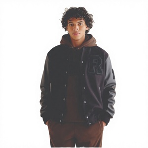 Vintage Men's Leather <b>Jacket</b> Winter Black <b>White</b> Strips Stand Collar Zipper Closure Front Logo Placement Embroidered OEM Service - Product Image 2