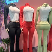 Ensemble décontracté 2 pièces femme 2026 : Haut court à col rond et manches longues + Pantalon taille haute contrastant, tenue de fête de Noël tendance (avec bandeau)
