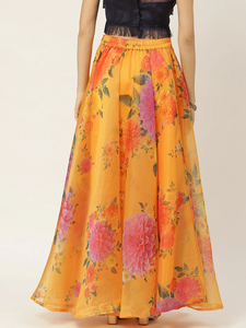 Fashion Women Mustard <strong>Yellow</strong> &amp; Pink Floral Print Casual Cotton Wrap <strong>Skirt</strong> With Zipper - Product Image 3