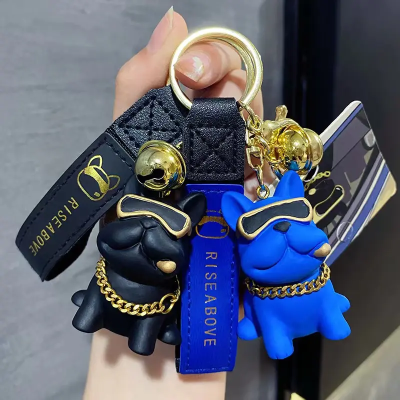 Fashion Punk French Bulldog Keychain PU Leather Dog Keychains Cute Creative Resin Dog Key Ring Bag Pendant