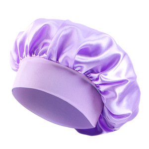 Satin Sleeping Cap For Women Elastic Wide Brim Shower Cap Hair Care Hat Solid Color Luxury Style Thin Polyester Material - Product Image 3