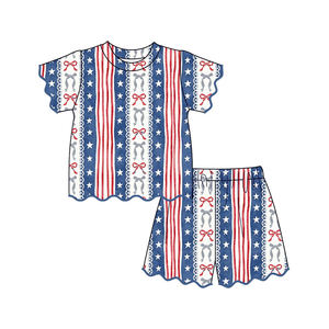 GSSO3547 Conjunto infantil personalizado para niña, con estampado de estrellas de helado azul, manga corta y volantes, venta al por mayor - Product Image 2