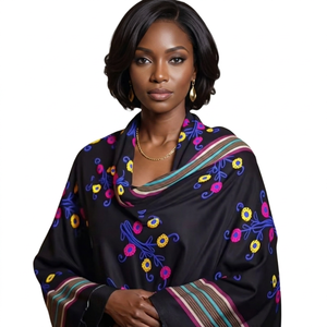 Wholesale Women Viscose Shawl Floral Vine Embroidered Stripe Border Fringe Lightweight Scarf OEM ODM Custom - Product Image 2