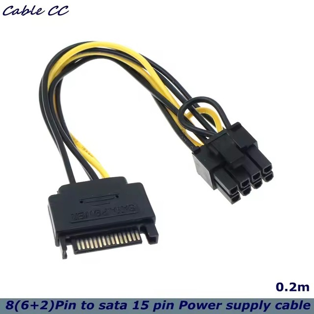 SATA 15 Pin to 8 Pin (6+2 Pin) Male Video Card Power Supply Cable 8.6inch 22cm