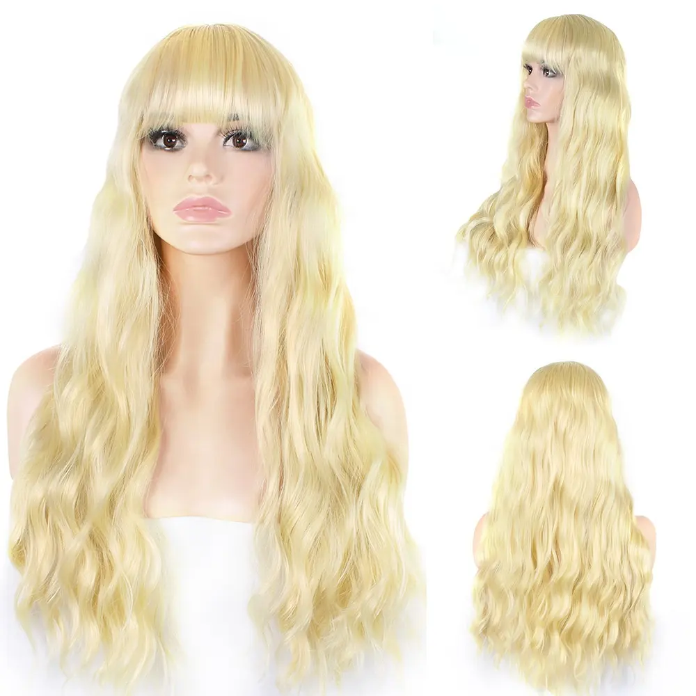 Wave Wigs with Bangs Synthetic Fiber Highlighted Curly Good Quality Soft Gold High-quality Synthetic Hair Wigs None Lace Wigs