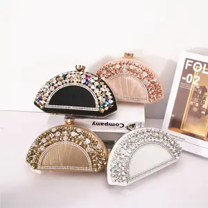 New design fan rhinestone clutch bag chain shoulder bag women box metal wedding party evening bags ladies fashion purse