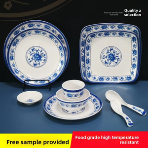 Assiette à dîner et bol à <span class=keywords><strong>nouilles</strong></span> en mélamine de style chinois, motif floral blanc et bleu, format A5, compatible micro-ondes, orchidée classique - Product Image 3