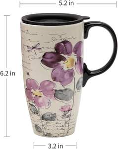 17 Onzas Taza de Viaje de Diseño Moderno, Tazas de Café Altas de Cerámica con Tapa Sellada, Color Morado con Flores, Caja para Regalos Empresariales - Product Image 4