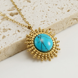 2022 New Turquoise Round Stainless Steel Pendant Women Simple Style <b>Titanium</b> Steel18K Necklace - Product Image 3