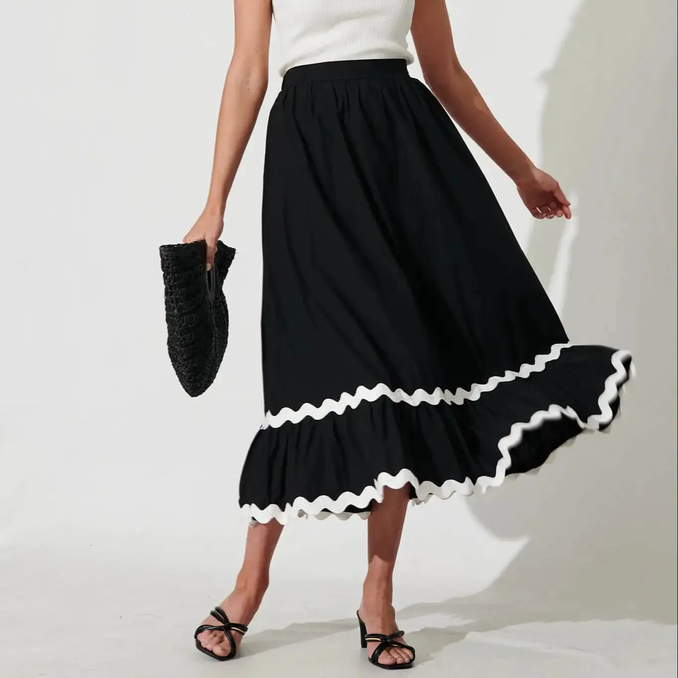 Custom Oem Women Summer Clothing Elastic High Waisted Midi Striped Applique Skirt A-Line Skirts