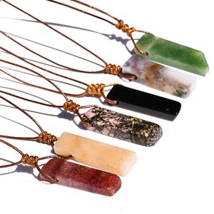 Handgemachte geflochtene braune Wachs Seil geometrische unregelmäßige flache lange Rechteck Naturstein Kristall Anhänger Halskette - Product Image 6