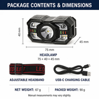 Lampe frontale LED rechargeable Type-C 18650 200 Lumens XPE 4SMD Lumière blanche 2SMD Lumière rouge pour le camping, la course à pied et la réparation
