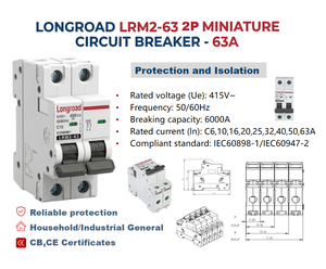 Interruptor Automático <span class=keywords><strong>LONGROAD</strong></span> LRM2-63 1P/2P/3P/4P con Protección Contra Sobrecarga, Capacidad de Ruptura de 6kA, 400V, Curva BCD C, Montaje en Riel - Product Image 4