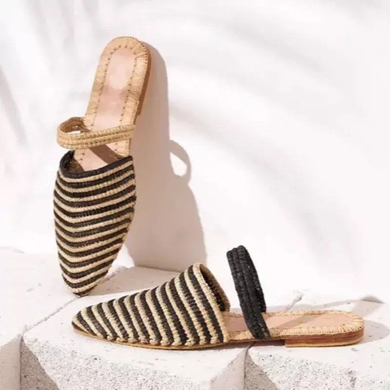 Black And White Striped Head Summer Flat Slippers Women Raffia Shoes Ladies Sandals Slippers Babouche Footwear