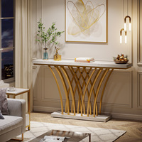 Table d'entrée moderne avec base en métal chic en forme de grille, tables consoles en faux marbre doré, table console