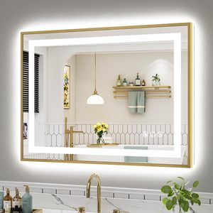 Miroir de courtoisie LED rectangulaire sur mesure en or, grand modèle, moderne, mural, intelligent, avec éclairage pour salon, décoration d'hôtel - Product Image 1