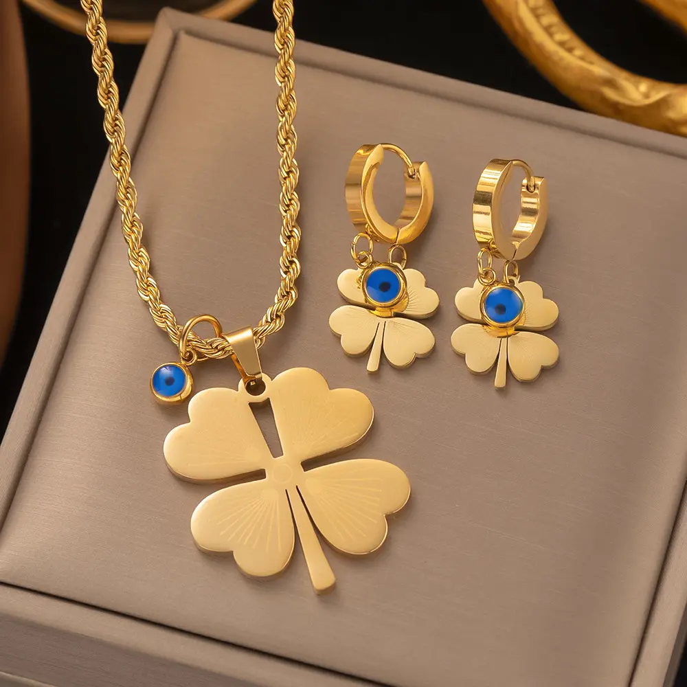 2023 High Quality Fashion Jewelry Sets 18k Gold Stainless Steel Lucky 4 Leaf Clover Necklace Earrings Jewelry Set
