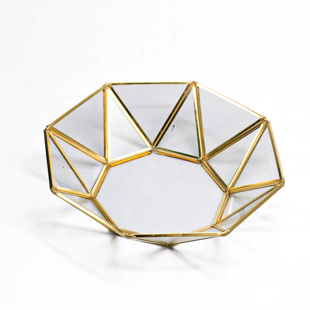 Роскошный Золотой многосторонний стеклянный декоративный ювелирный металлический стеклянный лоток высокого качества