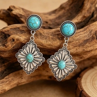 Boucles d'oreilles clous vintage western géométriques en alliage, motif fleur et turquoise, avec breloque diamant et dentelle, pour femme, cadeau, bijoux