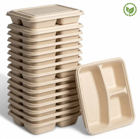 Best verkochte 3-delige lunchbox van suikerrietvezel, gedeeld voedselbakje, biologisch afbreekbaar, recycleerbaar deksel voor restaurants