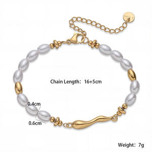 Bracelet classique tendance en imitation perle, chaîne et maillons géométriques, plaqué or 18 carats, acier inoxydable, bijoux cadeau pour femme - Product Image 4