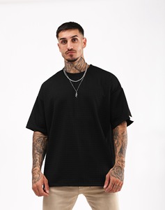 เสื้อยืดสีดำของผู้ชายขนาดใหญ่กว่าปกติคอกลมแขนสั้น100% คอกลมแขนสั้นผ้าคอตตอนสีพื้นระบายอากาศ - Product Image 2