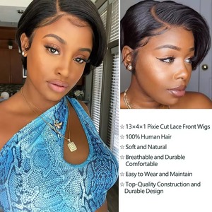 Perruque de cheveux humains vierges brésiliens noirs naturels, courts, coupe Pixie, cheveux raides, bonnet avant en dentelle, style <span class=keywords><strong>afro</strong></span> pour femmes de petite taille