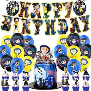 Horrible Movie Birthday Banner Cake Topper Balloons Halloween Kids Girl Party Supplies Movies Cartoon Coraline Balloon Decor