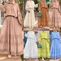 Dernière Mode : Ensemble Deux Pièces pour Femmes Musulmanes - Robe Abaya à Dentelle Unie Ajourée et Jupe Modeste