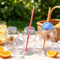 Bouteille en plastique PET personnalisée avec logo, motif ours mignon, 300 ml (10 oz), pour jus et boissons, avec paille